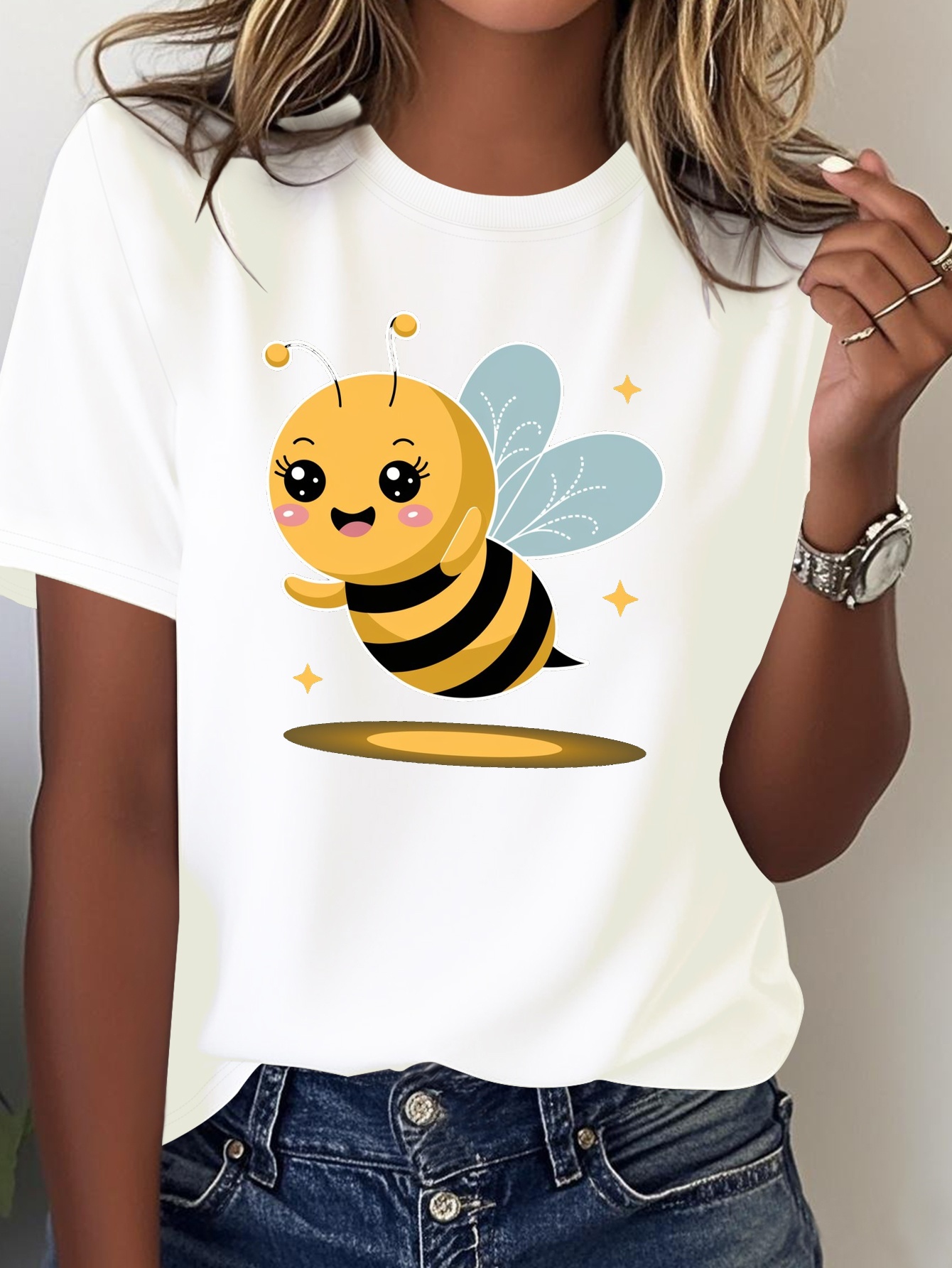 Soft Summer Yellow Clothing - Women's Cute Cartoon Bee and Star