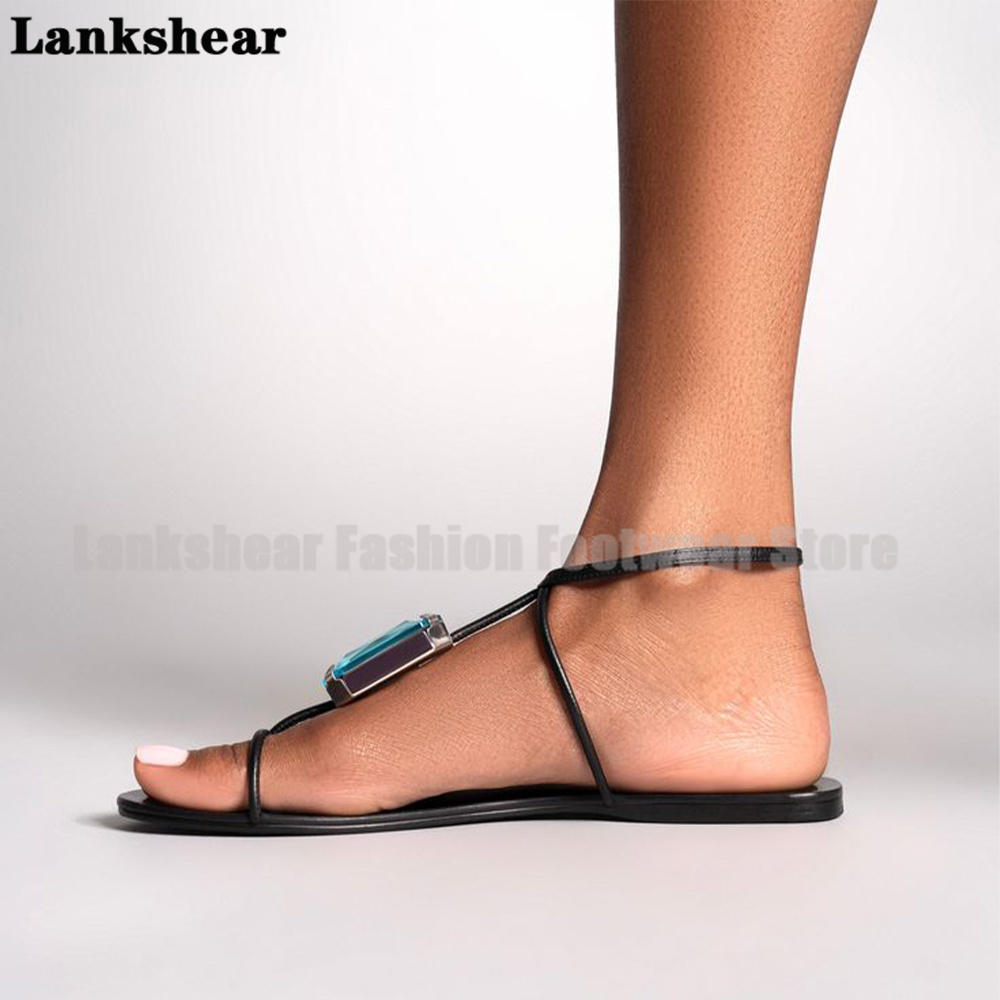 Blue Gemstone T-Strap Flat San - Flip Flop Jeweled recension och pris
